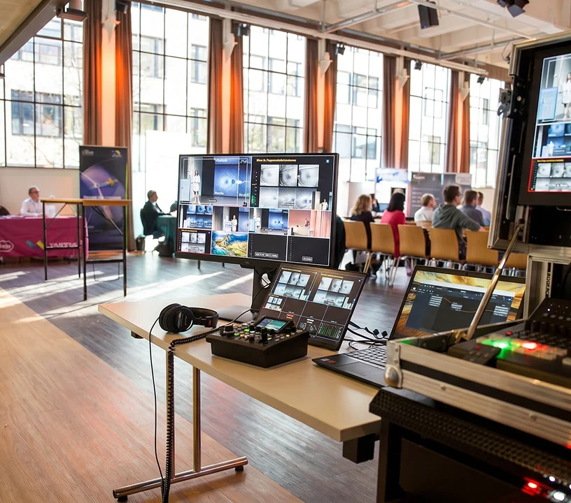 Regietisch mit Monitoren und Präsentationstechnik in einem Veranstaltungsraum im Eventforum Bern.