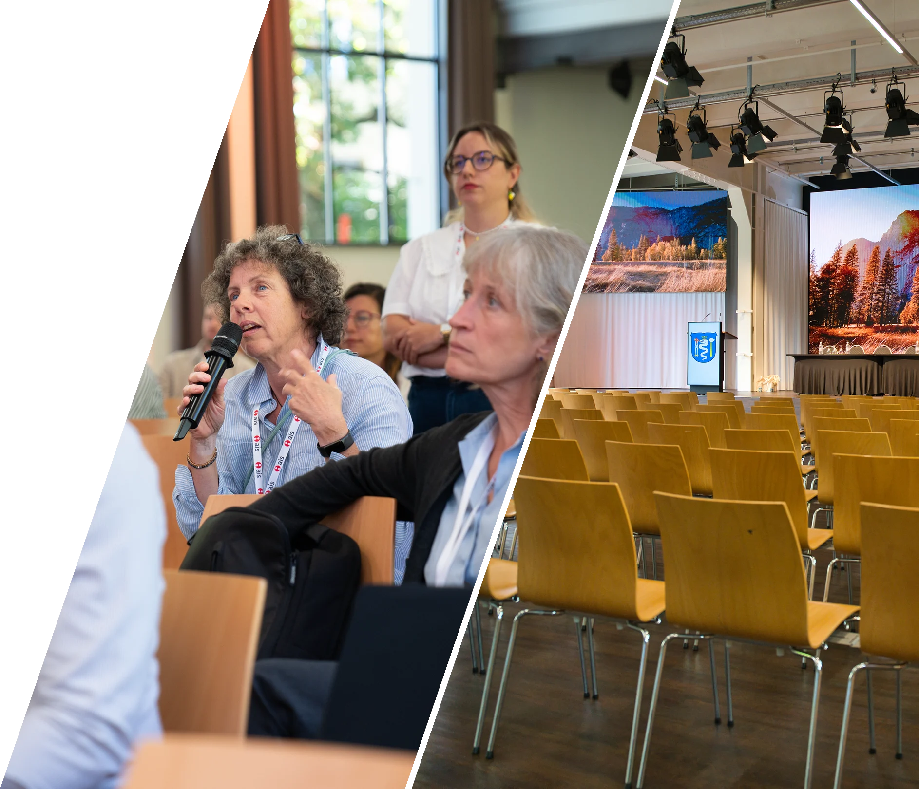 Seminarteilnehmende mit Mikrofon neben bestuhltem Veranstaltungsraum im Eventforum Bern.