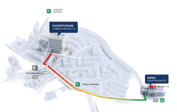 Illustrative Karte mit Anfahrt zum Eventforum Bern an der Fabrikstrasse 12.