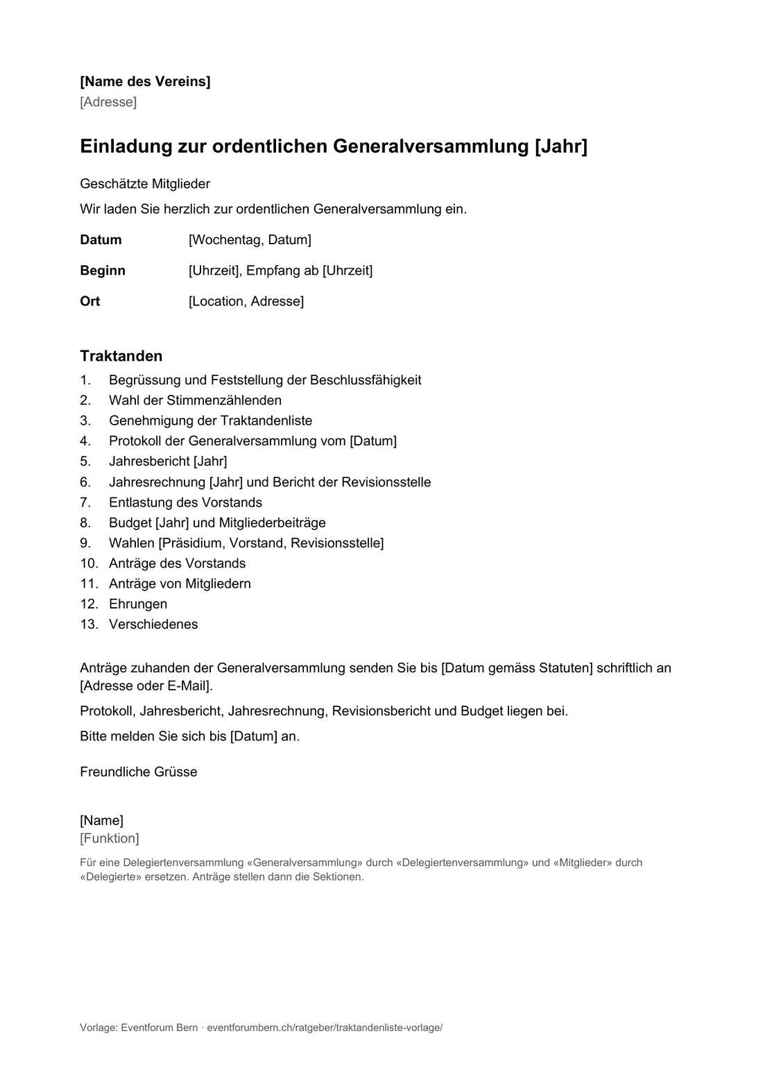 Vorschau der Word-Vorlage, Seite 1: Einladung mit Traktandenliste