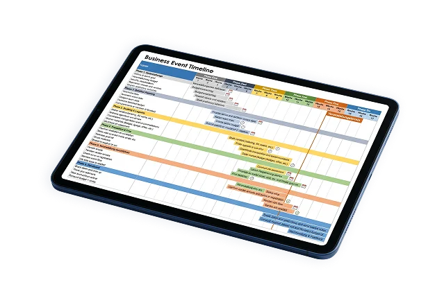Tablet mit farbigem Business Event Timeline Plan für die Veranstaltungsplanung.