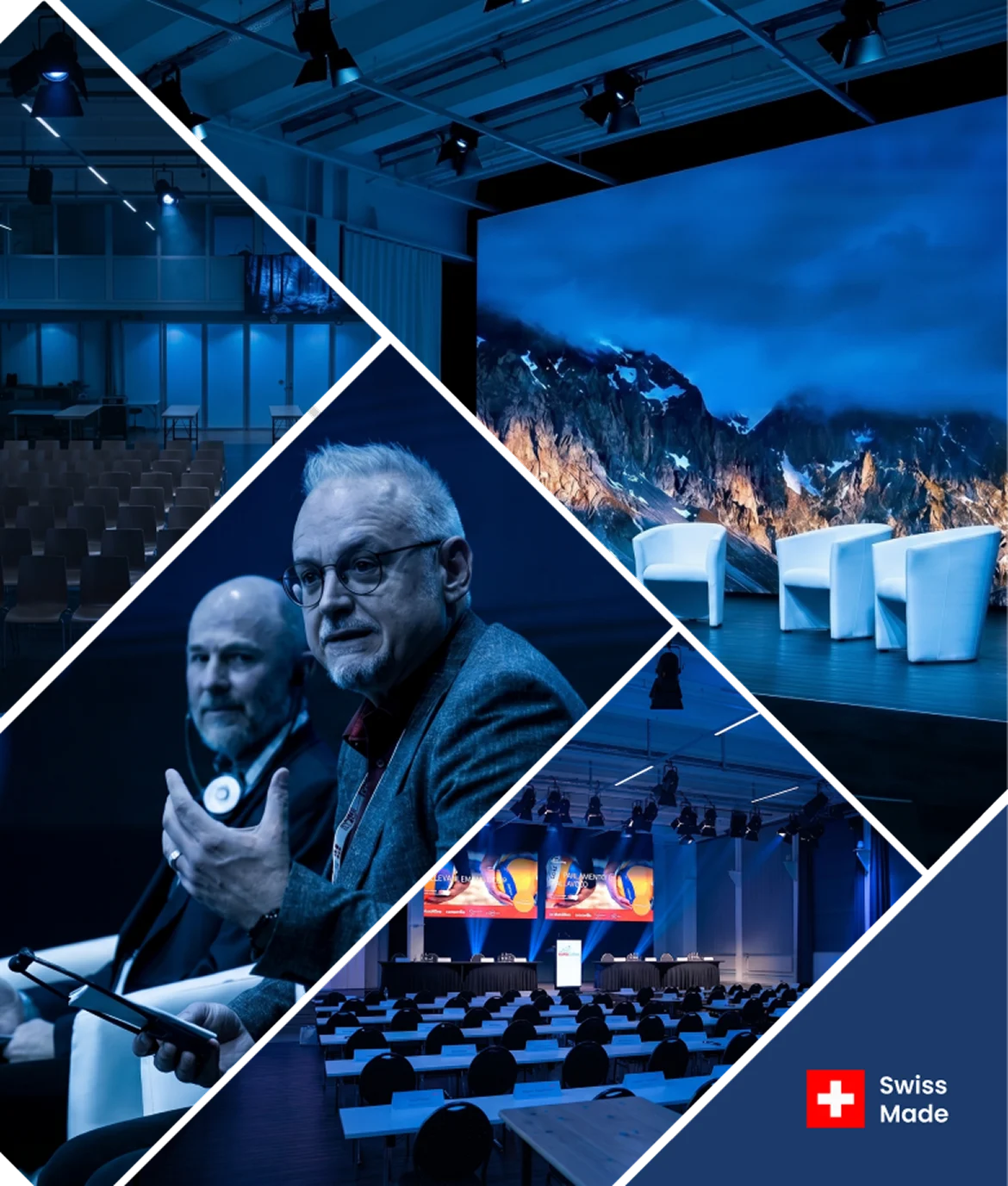 Collage mit Konferenzsaal, Podiumsdiskussion, Bühne und Swiss-Made-Logo für Veranstaltungen im Eventforum Bern.