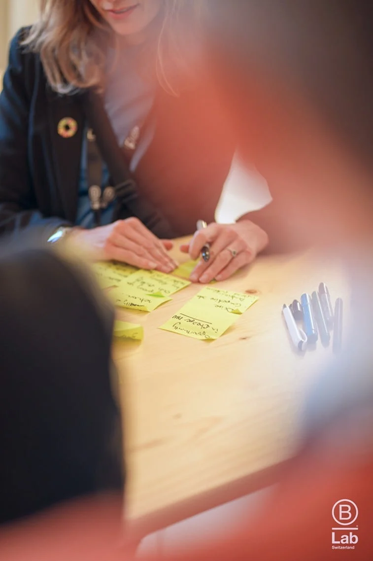 Person schreibt Notizen auf Haftzettel während eines Workshops im Eventforum Bern.